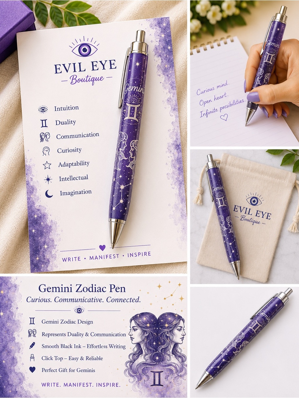 Gemini Zodiac Pen - Purple Celestial Design